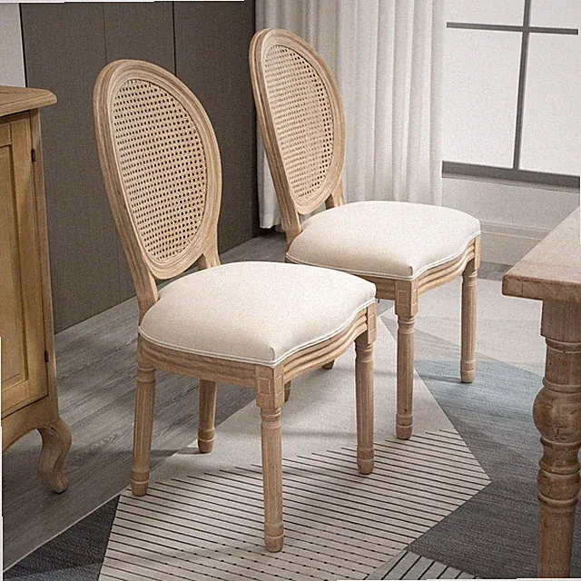 HOMCOM 2er Set Esszimmerstühle Küchenstuhl mit Rattan-Rückenlehne Linen-Touch