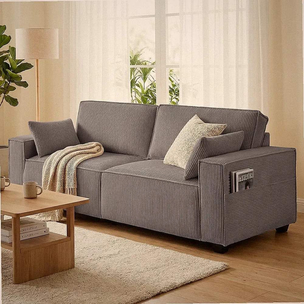 HOMCOM 3-Sitzer Sofa, 217 cm Couch mit Breiten Armlehnen, 2 Kissen, Cord-Optik