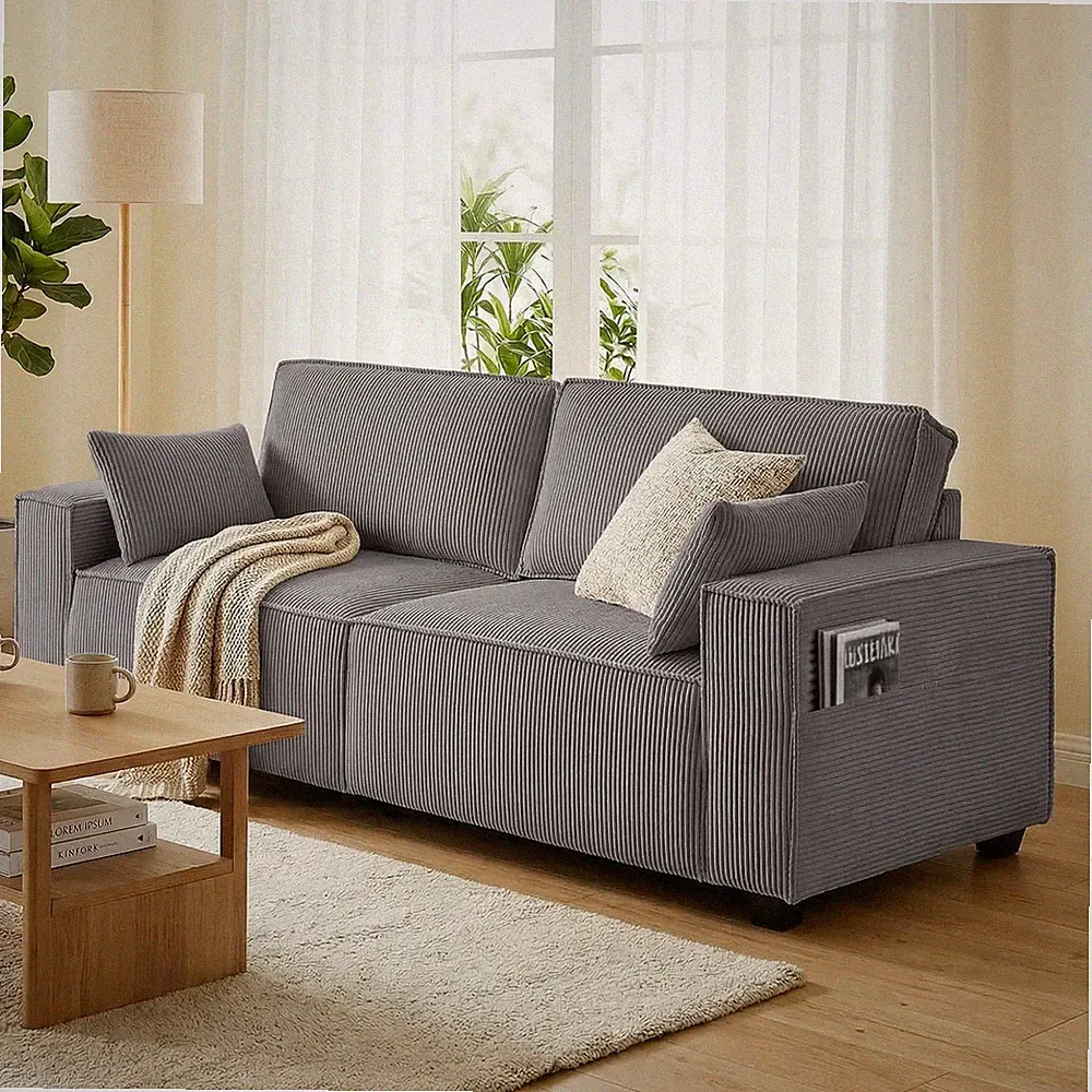 HOMCOM 3-Sitzer Sofa, 217 cm Couch mit Breiten Armlehnen, 2 Kissen, Cord-Optik