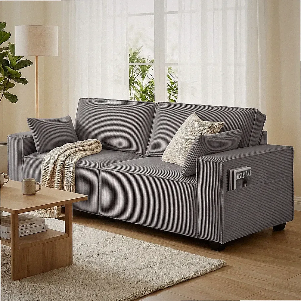 HOMCOM 3-Sitzer Sofa, 217 cm Couch mit Breiten Armlehnen, 2 Kissen, Cord-Optik