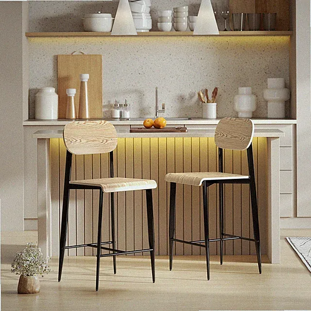 HOMCOM Barhocker 2er Set, Barstuhl mit Metallgestell, Küchenstuhl Naturholz