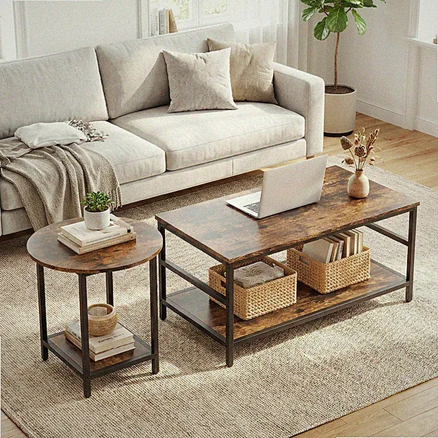 HOMCOM Beistelltisch 2er-Set Couchtisch mit Ablagen, Stahlgestell für Wohnzimmer