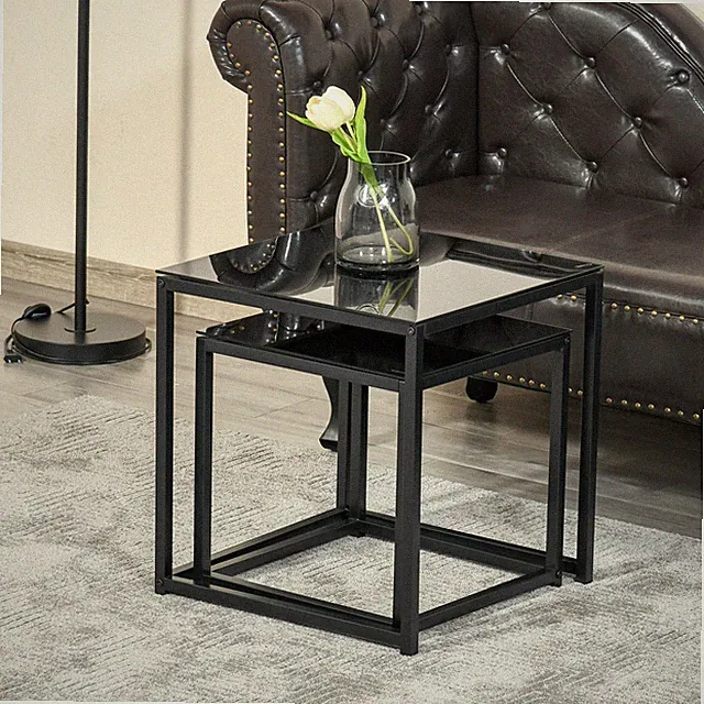 HOMCOM Beistelltisch 2er-Set, Couchtisch-Set, Kaffeetisch mit Glastischplatte