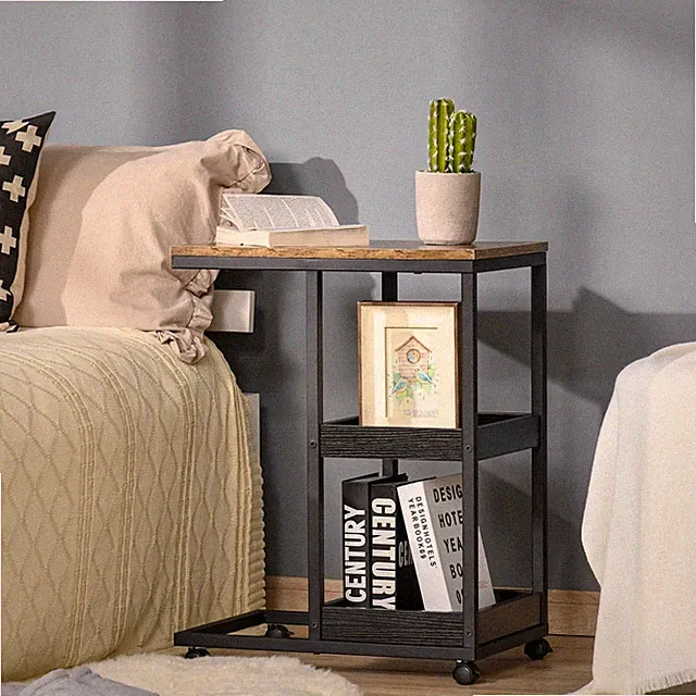 HOMCOM Beistelltisch, Couchtisch mit Rollen, Ablage, Industrie-Stil, Dunkelbraun