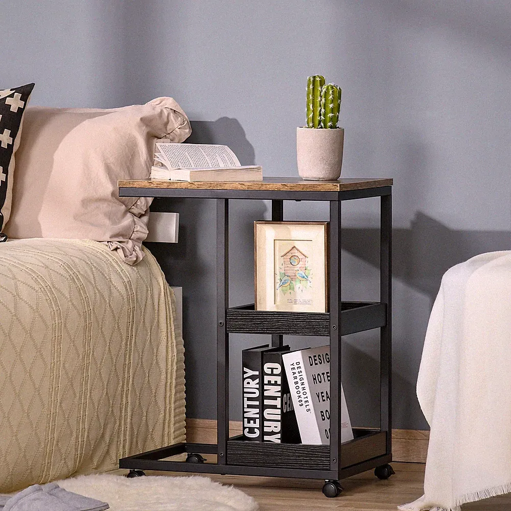 HOMCOM Beistelltisch, Couchtisch mit Rollen, Ablage, Industrie-Stil, Dunkelbraun