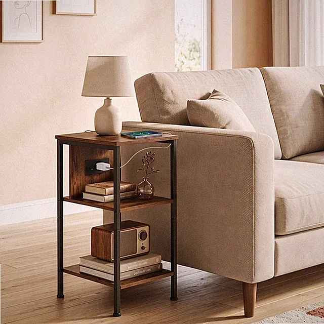 HOMCOM Beistelltisch mit Ladestation Schmaler Couchtisch mit 2 Ablagen