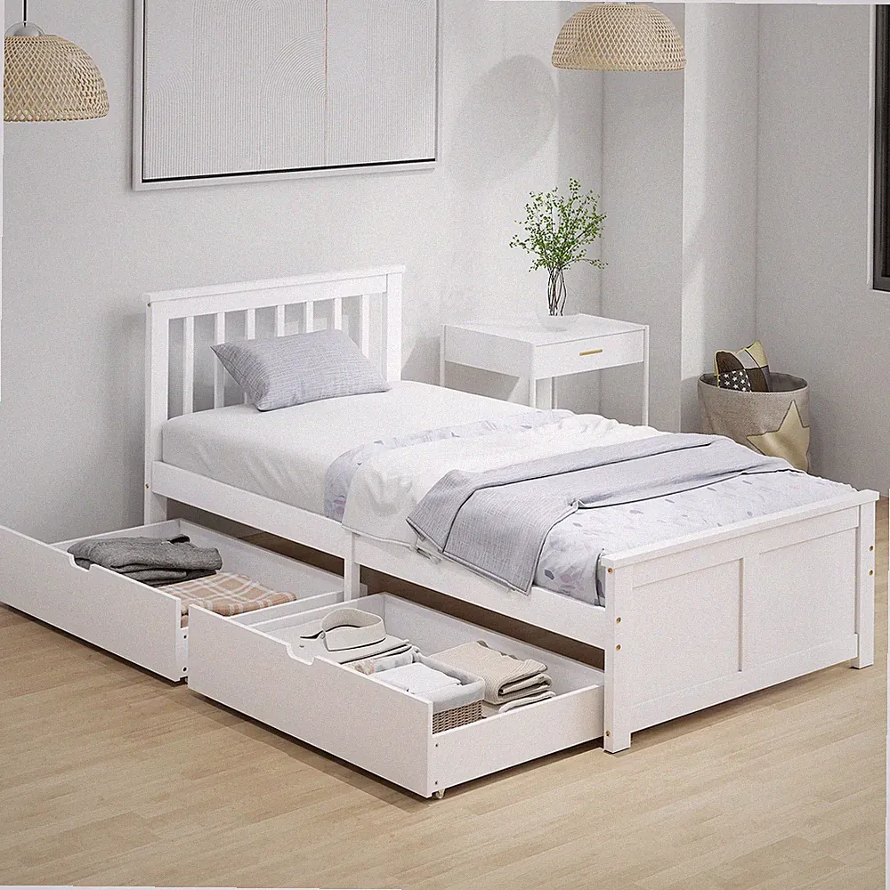 HOMCOM Bett 90 x 200 cm Bettrahmen mit Lattenrost aus Holz, Schublade, Kopfteil