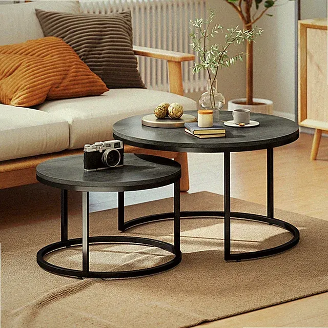 HOMCOM Couchtisch rund 2er Set Stapelbarer Wohnzimmertisch mit Holzoptik Schwarz