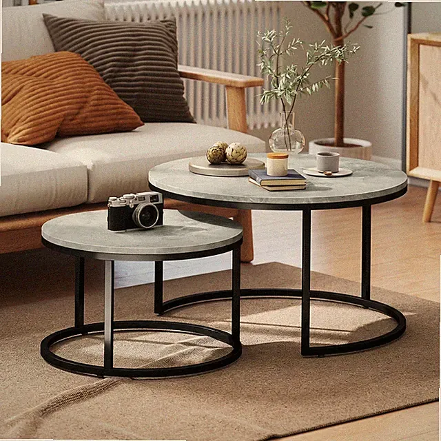 HOMCOM Couchtisch rund 2er Set Stapelbarer Wohnzimmertisch mit Marmoroptik Grau