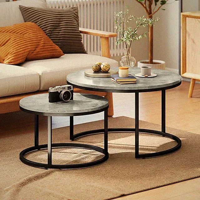 HOMCOM Couchtisch rund 2er Set Stapelbarer Wohnzimmertisch mit Zementoptik Grau