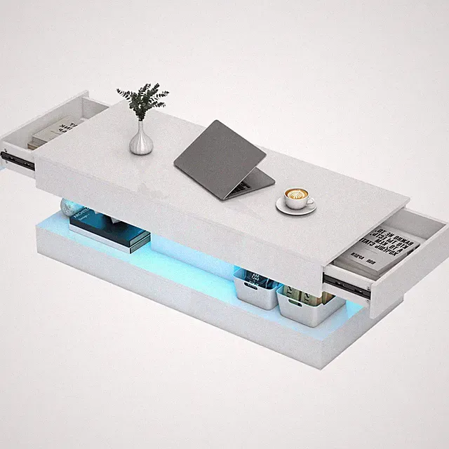 HOMCOM Couchtisch Wohnzimmertisch Hochglanz mit LED Beleuchtung, Stauraum Weiß