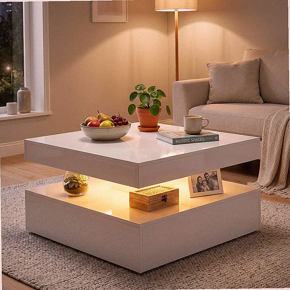 HOMCOM Couchtisch Wohnzimmertisch Hochglanz Weiß mit RGB LED Beleuchtung