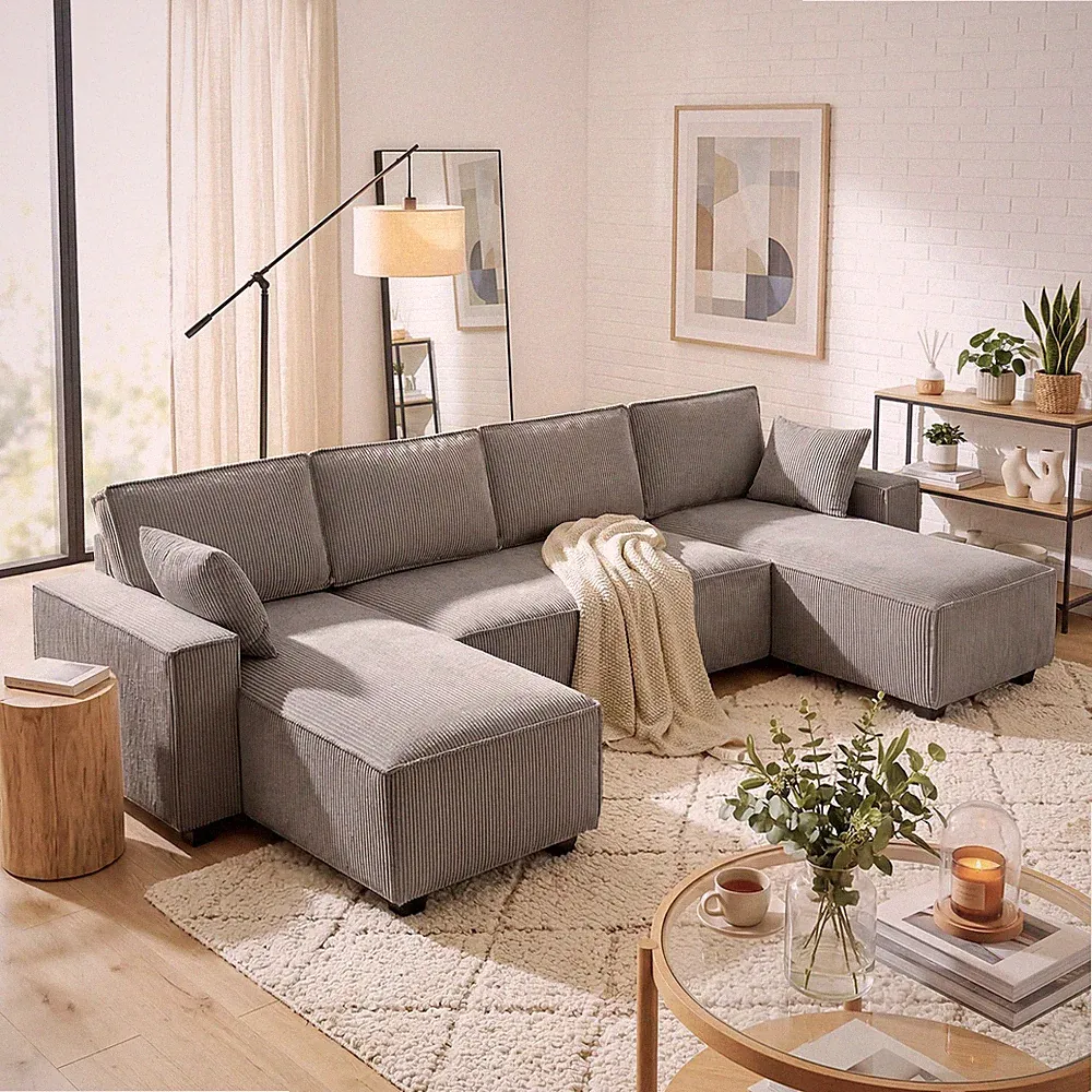 HOMCOM Ecksofa 311 cm Sofa 4 Sitzer mit Doppel-Chaiselongues, Kissen, Hellgrau