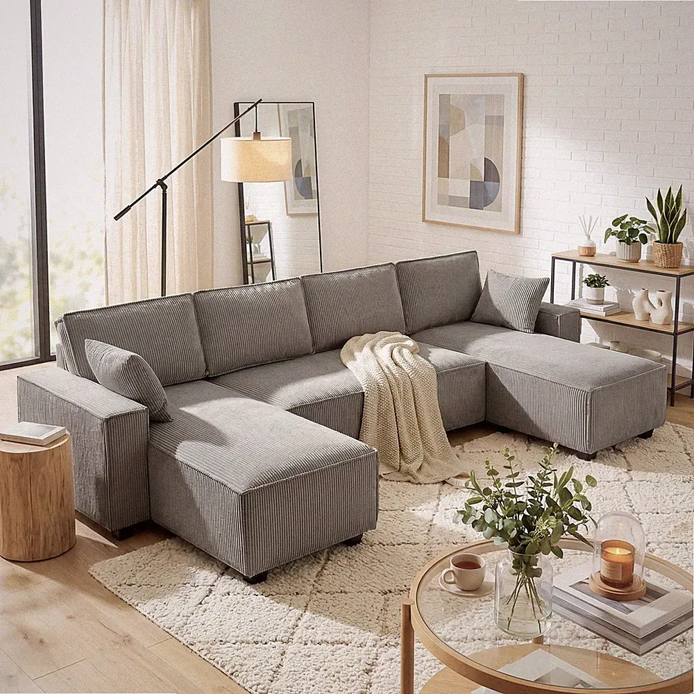 HOMCOM Ecksofa 311 cm Sofa 4 Sitzer mit Doppel-Chaiselongues, Kissen, Hellgrau
