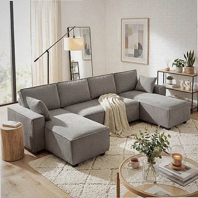HOMCOM Ecksofa 311 cm Sofa 4 Sitzer mit Doppel-Chaiselongues, Kissen, Hellgrau