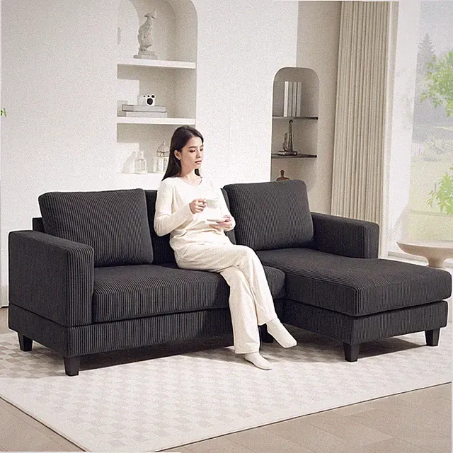 HOMCOM Ecksofa Couch mit Chaiselongue Sofa L Form mit Cord-Optik Dunkelgrau