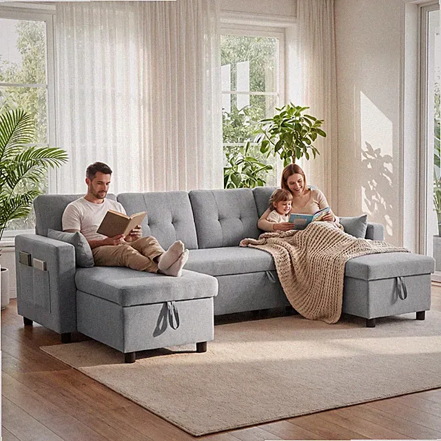 HOMCOM Ecksofa mit Schlaffunktion und Bettkasten U-Form 4-Sitzer Sofa, Grau
