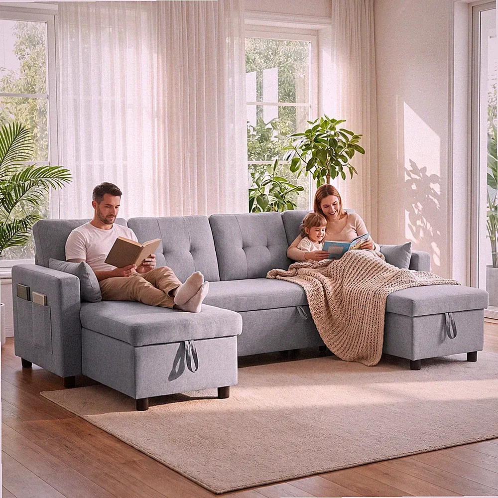 HOMCOM Ecksofa mit Schlaffunktion und Bettkasten U-Form 4-Sitzer Sofa, Grau