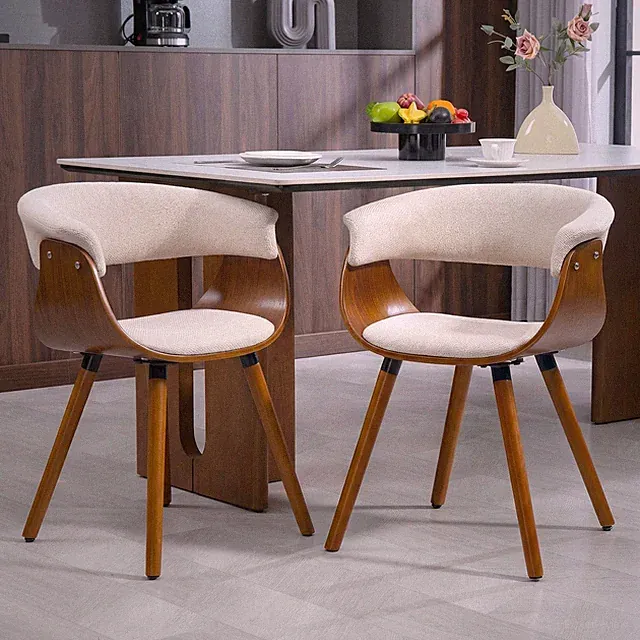 HOMCOM Esszimmerstuhl Küchenstuhl mit Rückenlehne, Leinenoptik, Holzbeine Beige