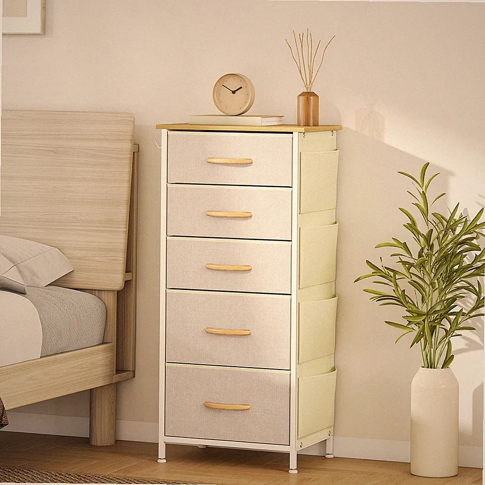 HOMCOM Kommode Schrank mit 5 Schubladen aus Vliesstoff Haken Seitentasche Beige