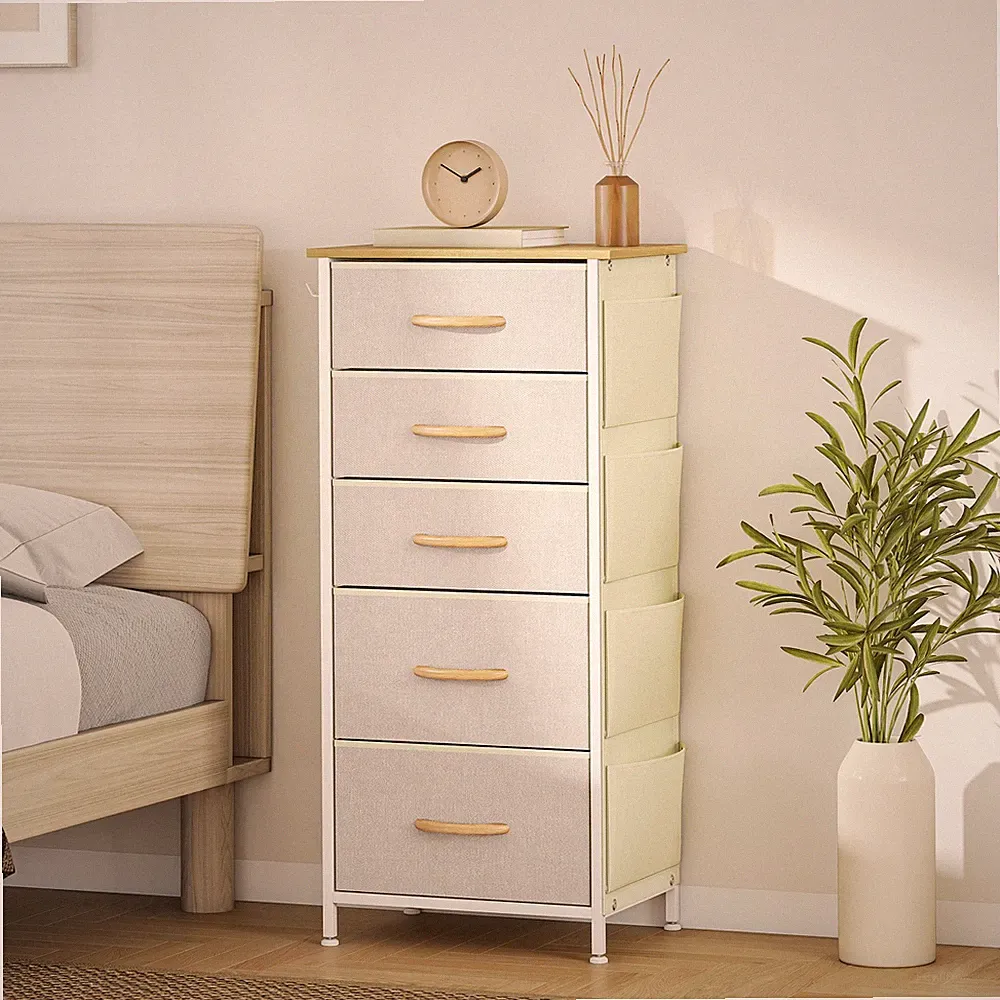 HOMCOM Kommode Schrank mit 5 Schubladen aus Vliesstoff Haken Seitentasche Beige
