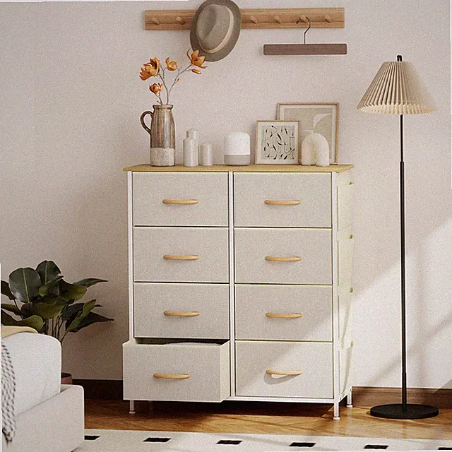 HOMCOM Kommode Schrank mit 8 Schubladen aus Stoff, Haken, Seitentasche Beige