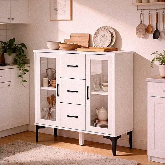 HOMCOM Kommode Sideboard mit 3 Schubladen 2 Glastüren verstellbaren Regalen Weiß
