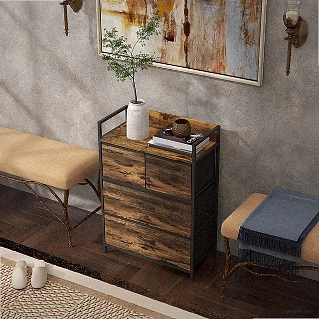 HOMCOM Kommode, Sideboard mit 4 Faltbaren Schubladen aus Stoff, Regal und Griff