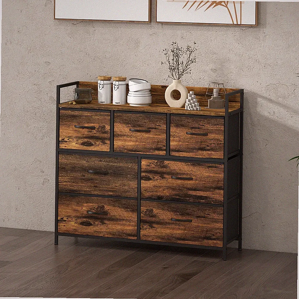 HOMCOM Kommode, Sideboard mit 7 Faltbaren Schubladen aus Stoff, Griff und Regal