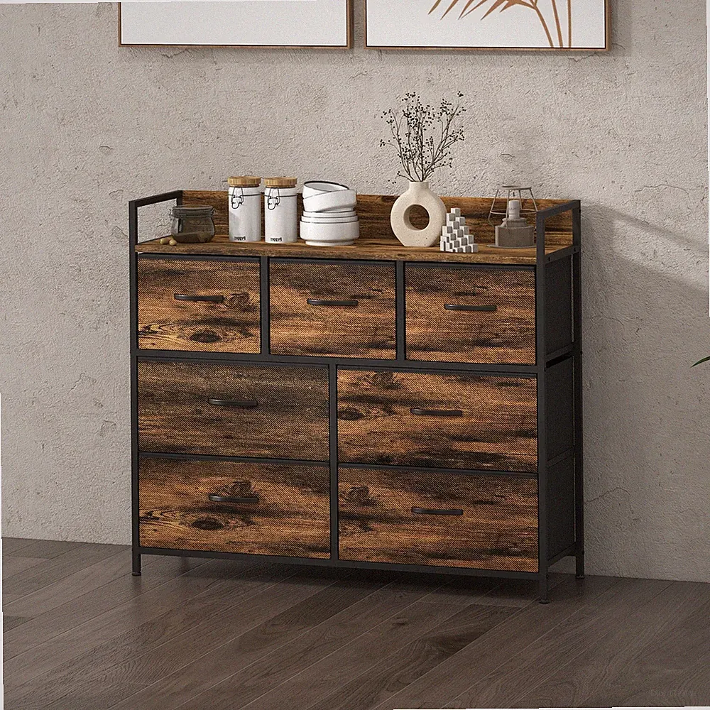 HOMCOM Kommode, Sideboard mit 7 Faltbaren Schubladen aus Stoff, Griff und Regal