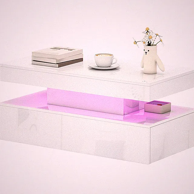 HOMCOM LED Couchtisch mit Stauraum, Hochglanz Wohnzimmertisch, weiß
