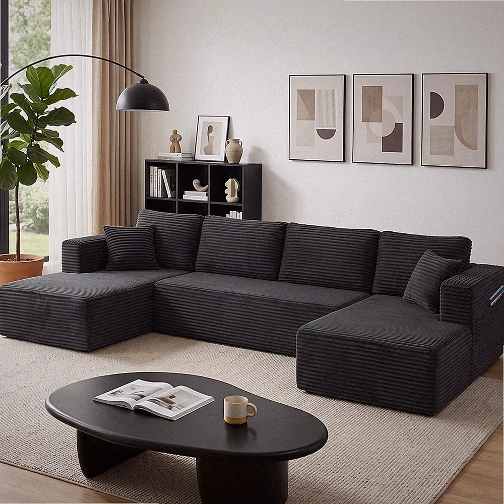 HOMCOM Modulares U-Form Sofa mit Schlaffunktion, 2 Chaiselongues, Seitentasche