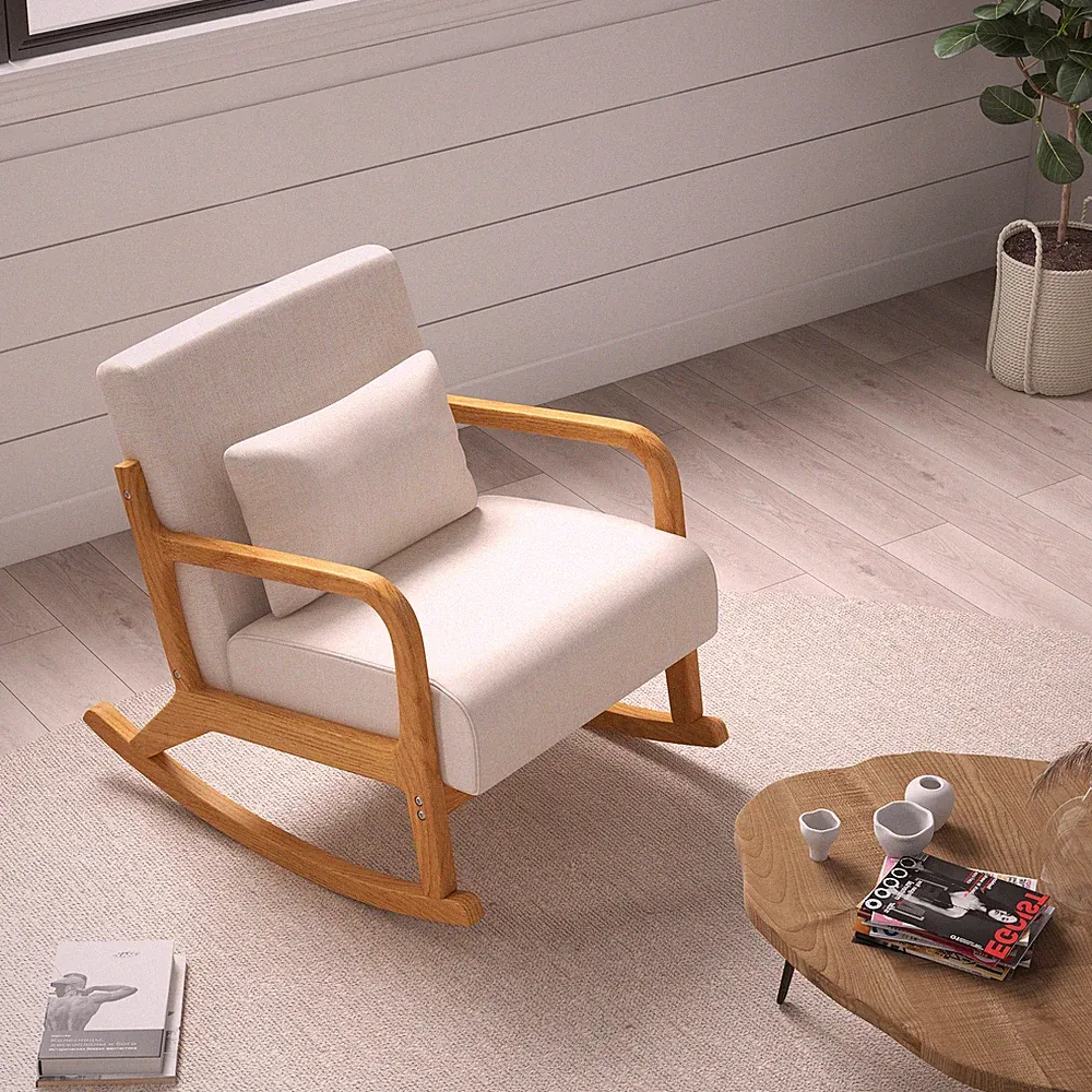 HOMCOM Schaukelsessel Gepolsterter Relaxsessel mit Holzgestell für Schlafzimmer