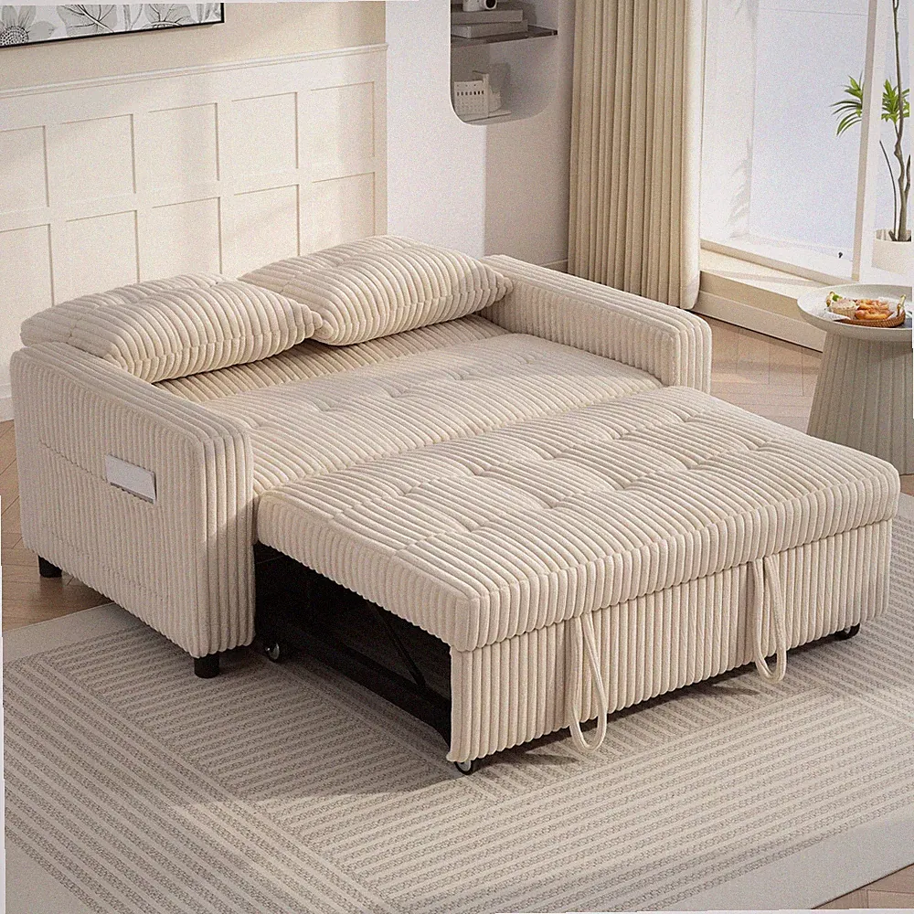HOMCOM Schlafsofa, 2-Sitzer Sofa 157x190cm mit Verstellbare Rückenlehne, Creme