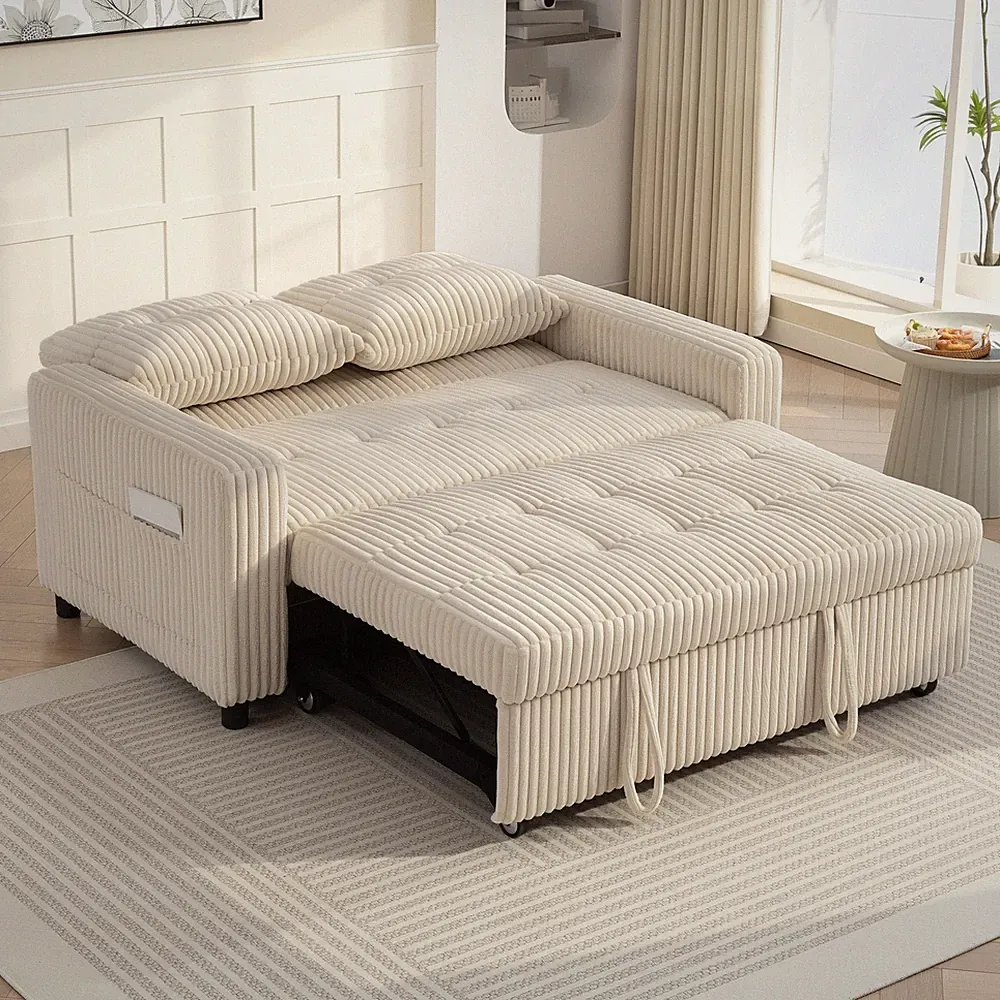 HOMCOM Schlafsofa, 2-Sitzer Sofa 157x190cm mit Verstellbare Rückenlehne, Creme