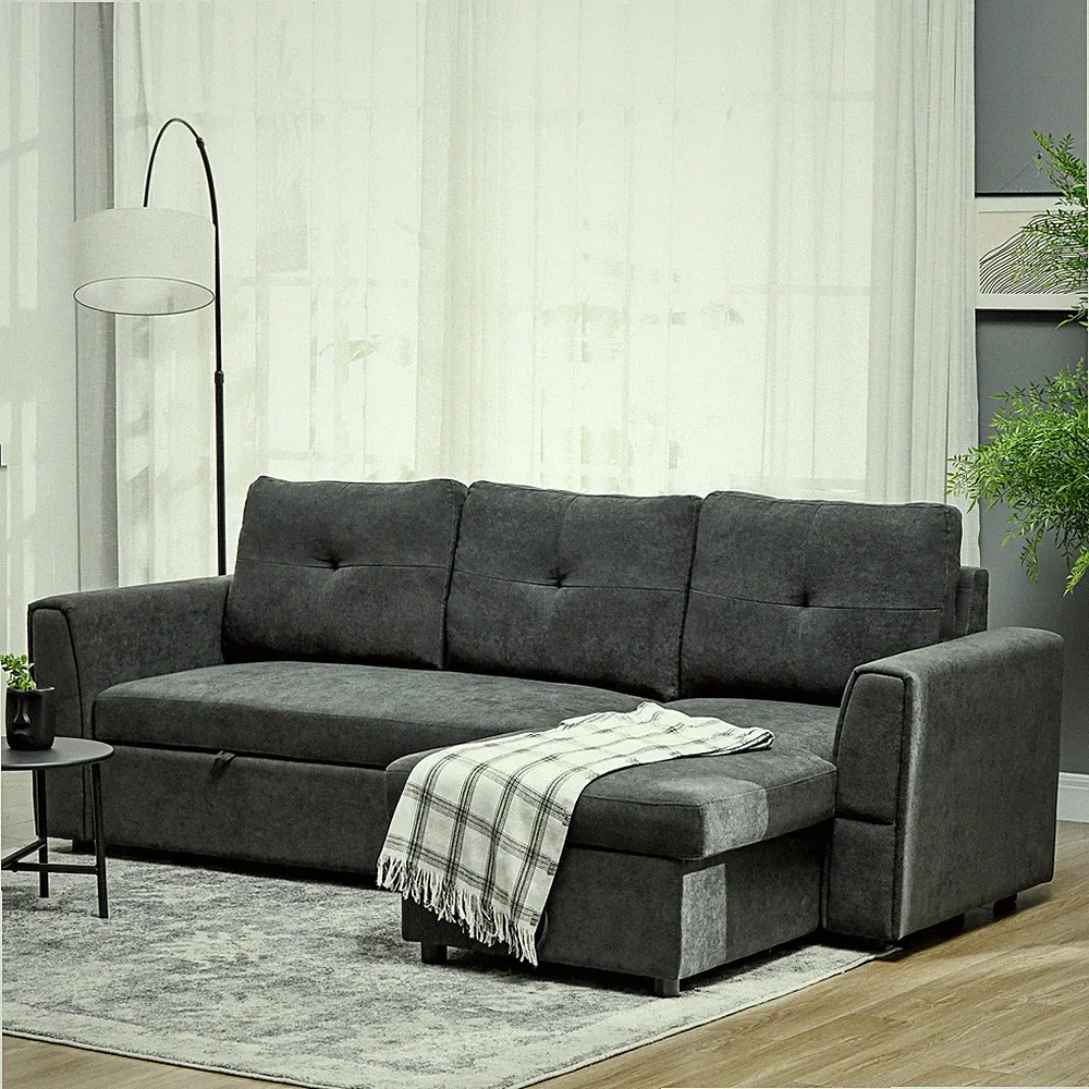 HOMCOM Schlafsofa Ecksofa mit Bettfunktion 3er Couch mit Stauraum Dunkelgrau