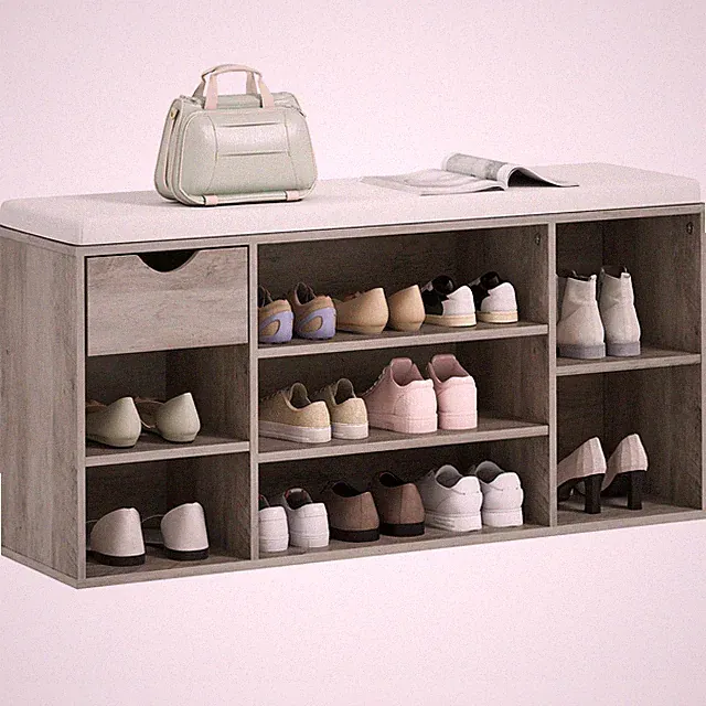 HOMCOM Schuhschrank Bank mit Kissen verstellbare Regale grau