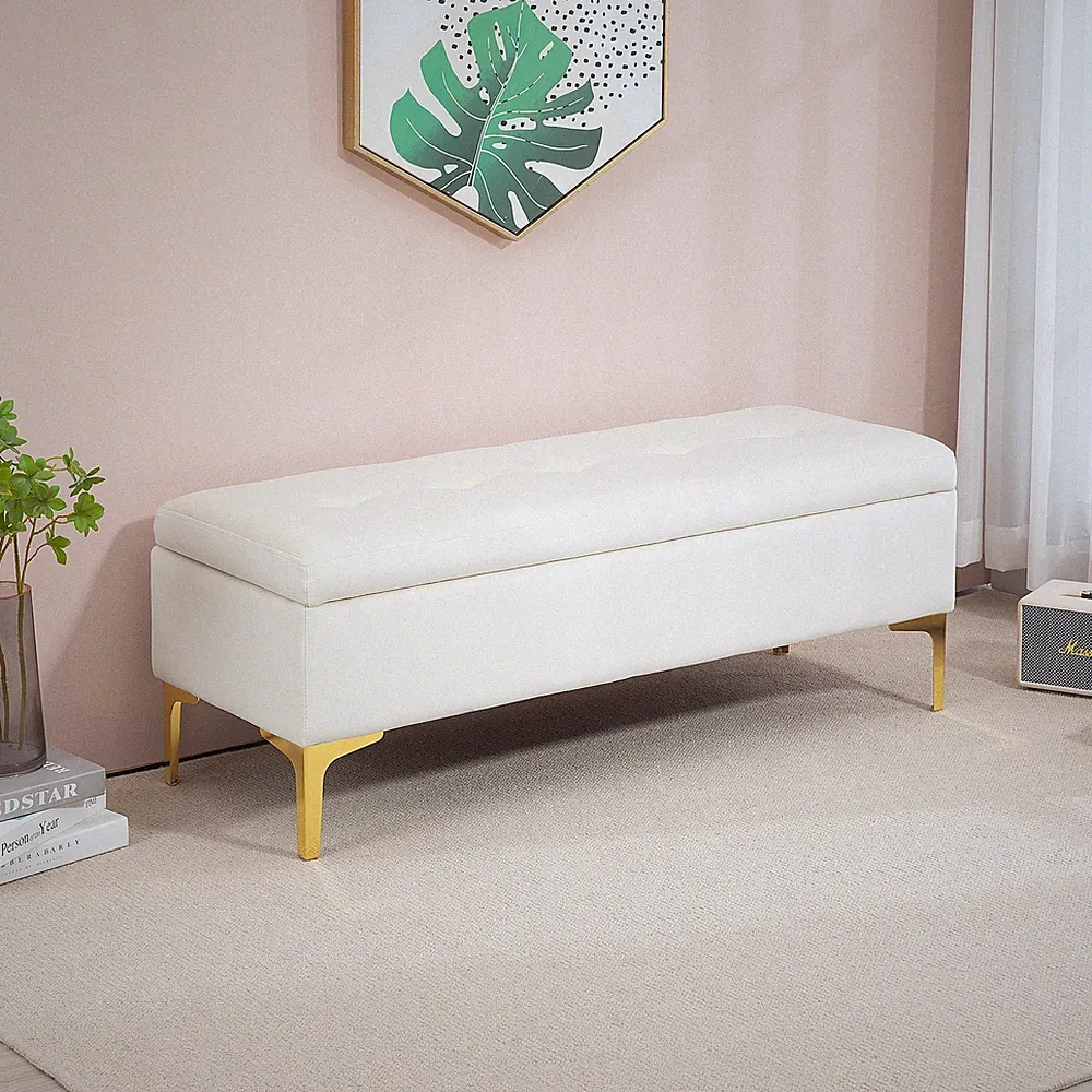 HOMCOM Sitzbank mit Stauraum, Polsterbank mit Samtoptik, Metallbeine, Beige