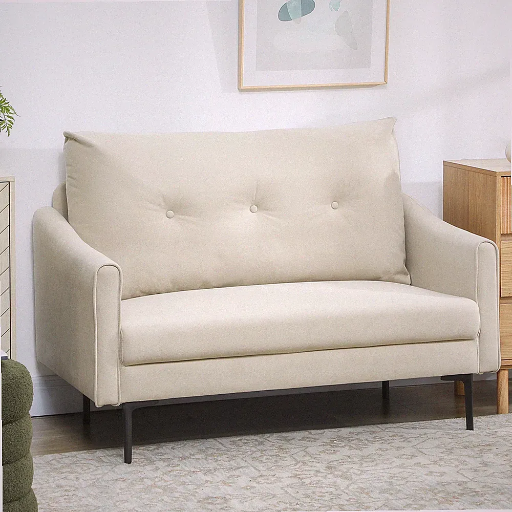 HOMCOM Sofa 2-Sitzer 124 cm Kleine Couch mit Armlehne, Samtoptik, Cremeweiß