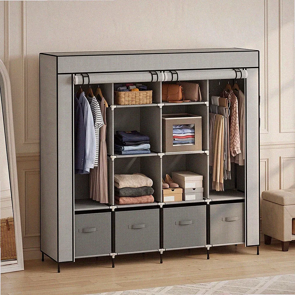 HOMCOM Stoffschrank Kleiderschrank mit Kleiderstange, 10 Fächern, 4 Schubladen