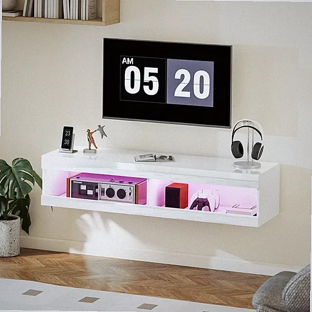 HOMCOM TV Schrank Hängend mit LED-Beleuchtung, offenen Stauraum Hochglanzweiß