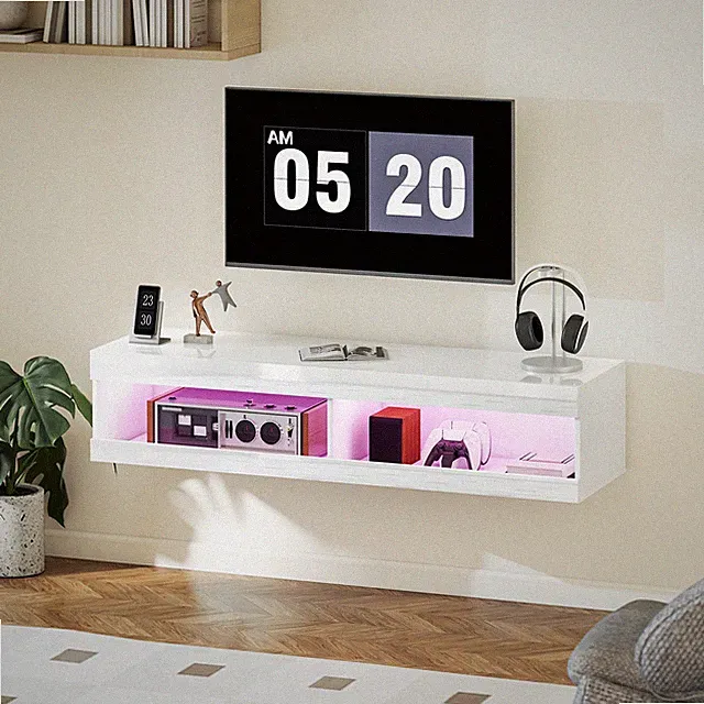HOMCOM TV Schrank Hängend mit LED-Beleuchtung, offenen Stauraum Hochglanzweiß