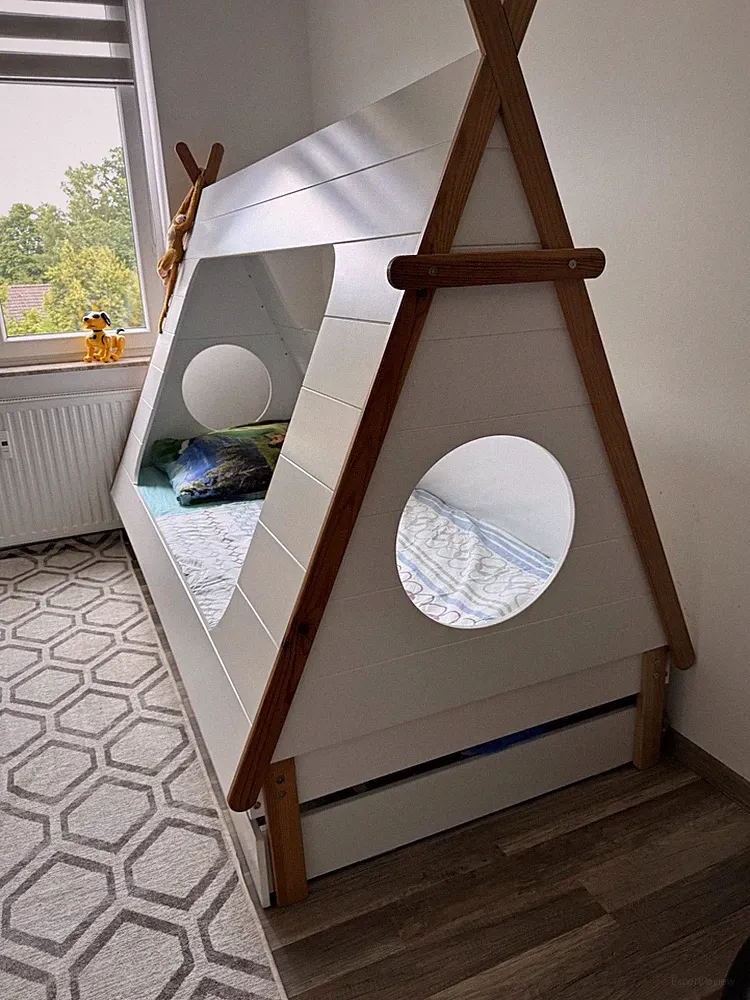 HOMESTYLE4U Hausbett TIPI 90x200 Weiß mit Lattenrost & Bettkasten
