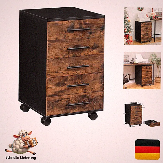 Hoobro Aktenschrank Rollcontainer 5 Schubladen Holz Industrie Stil rustikal D...