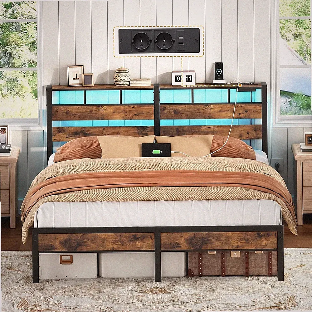 HOOBRO Bett 180 x 200 mit Lattenrost Doppelbett mit Kopfteil LED-Beleuchtung