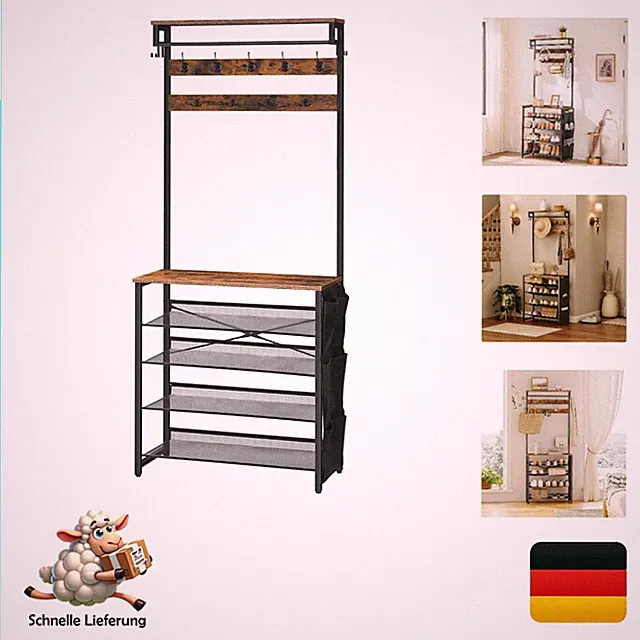 Hoobro Garderobenständer mit Schuhablage 3-in-1 Industrie Stil Vintagebraun S...