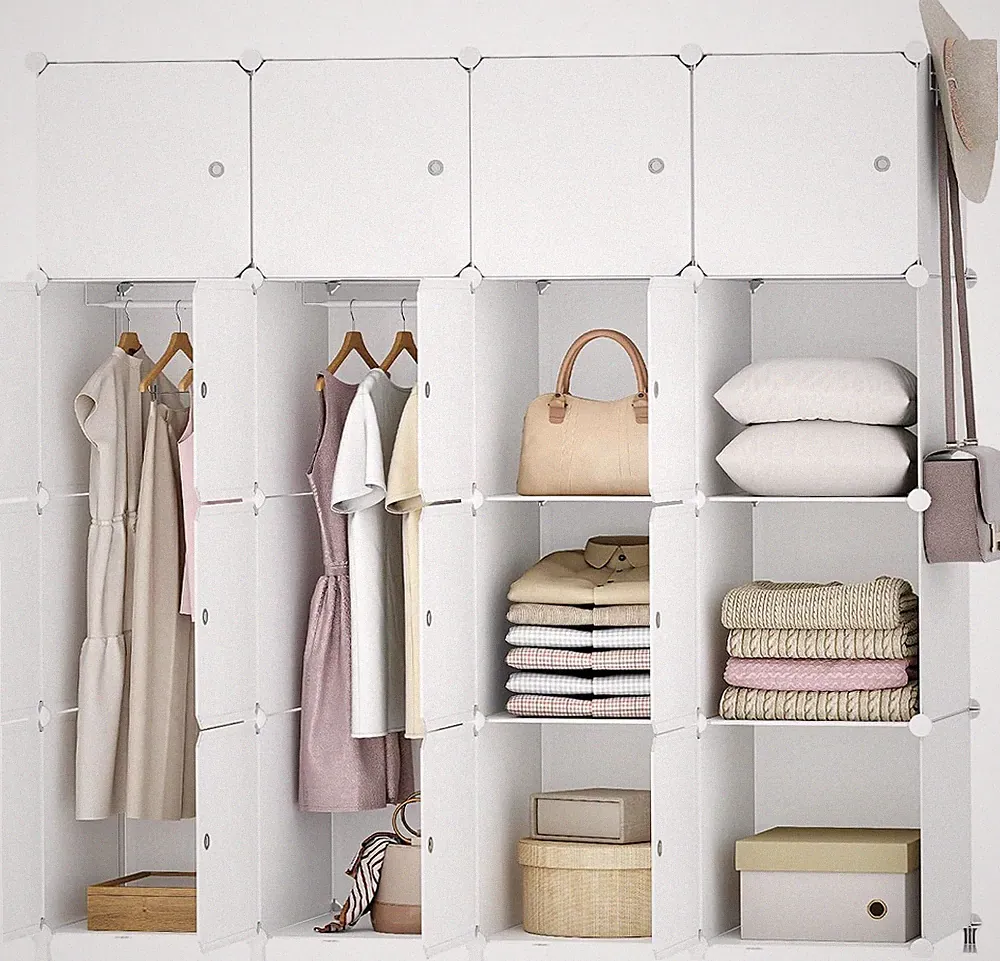 HOOBRO Kleiderschrank, Garderobenschrank, Modularer Kunststoffschrank Mit 16 Wür
