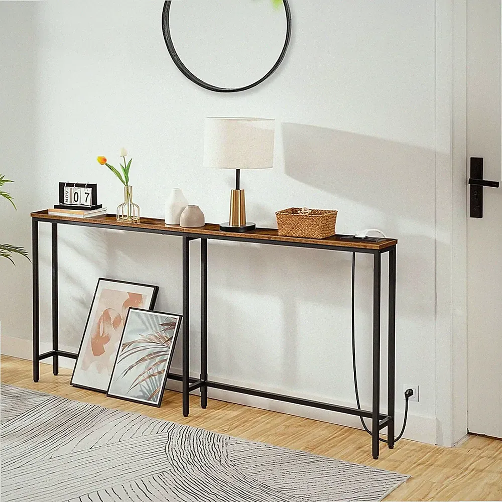 HOOBRO Konsolentisch mit Steckdosenleiste schmaler Sofatisch 180 x 15 x 80 cm