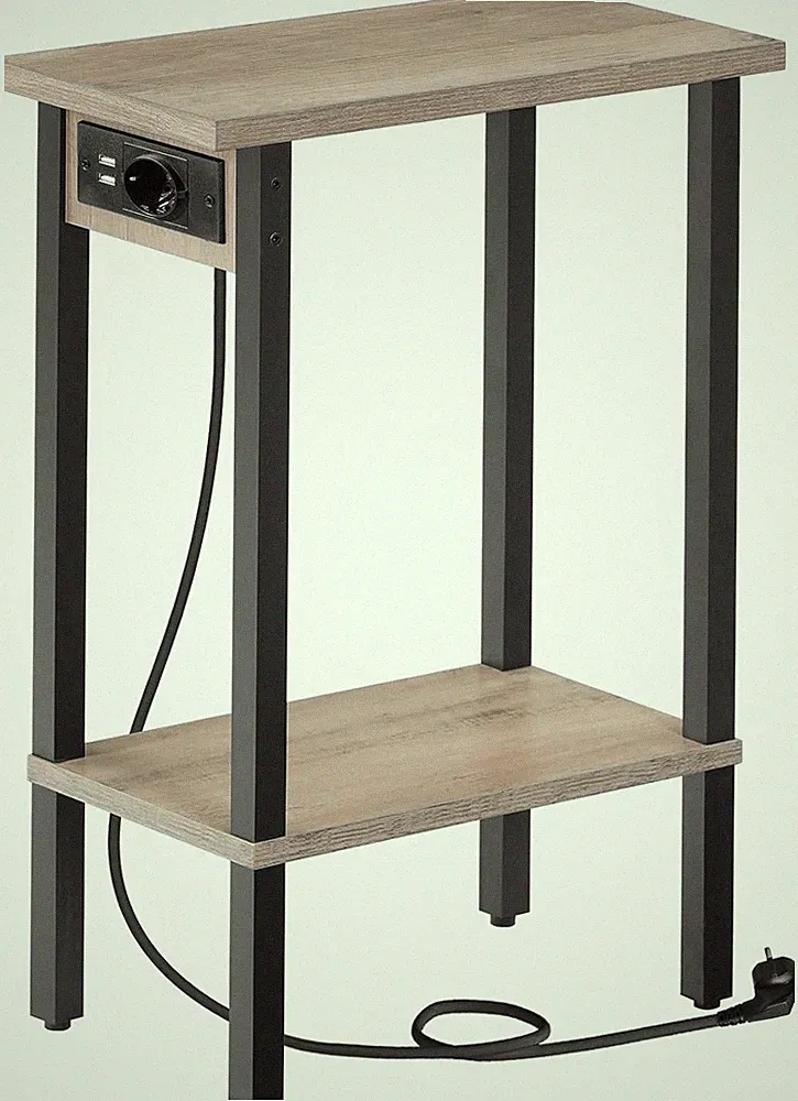 HOOBRO Schmaler Beistelltisch mit 2 Ebenen, Sofatisch mit Ladestation, Schwarz