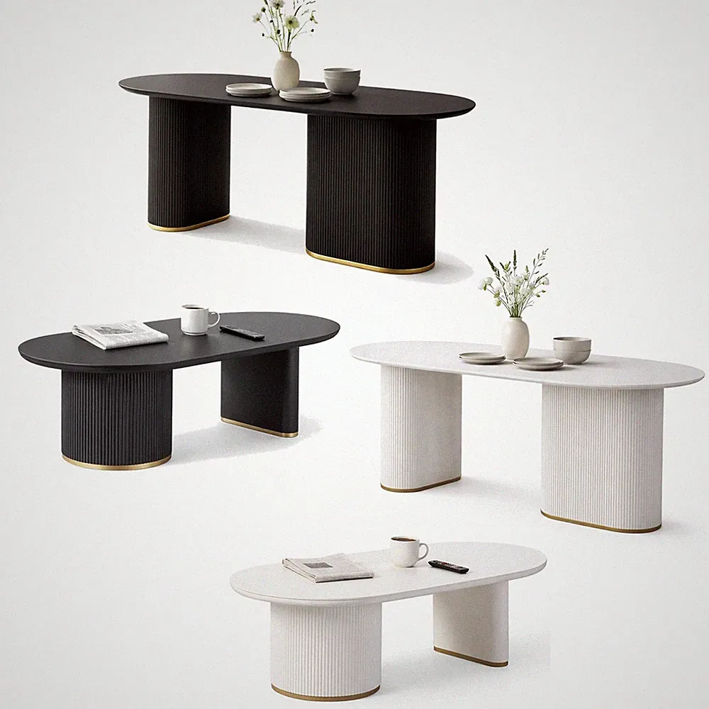 HOOZ® Couchtisch & Esstisch Set Oval Modern 130x70cm & 180x90cm 4 cm Holzplatte
